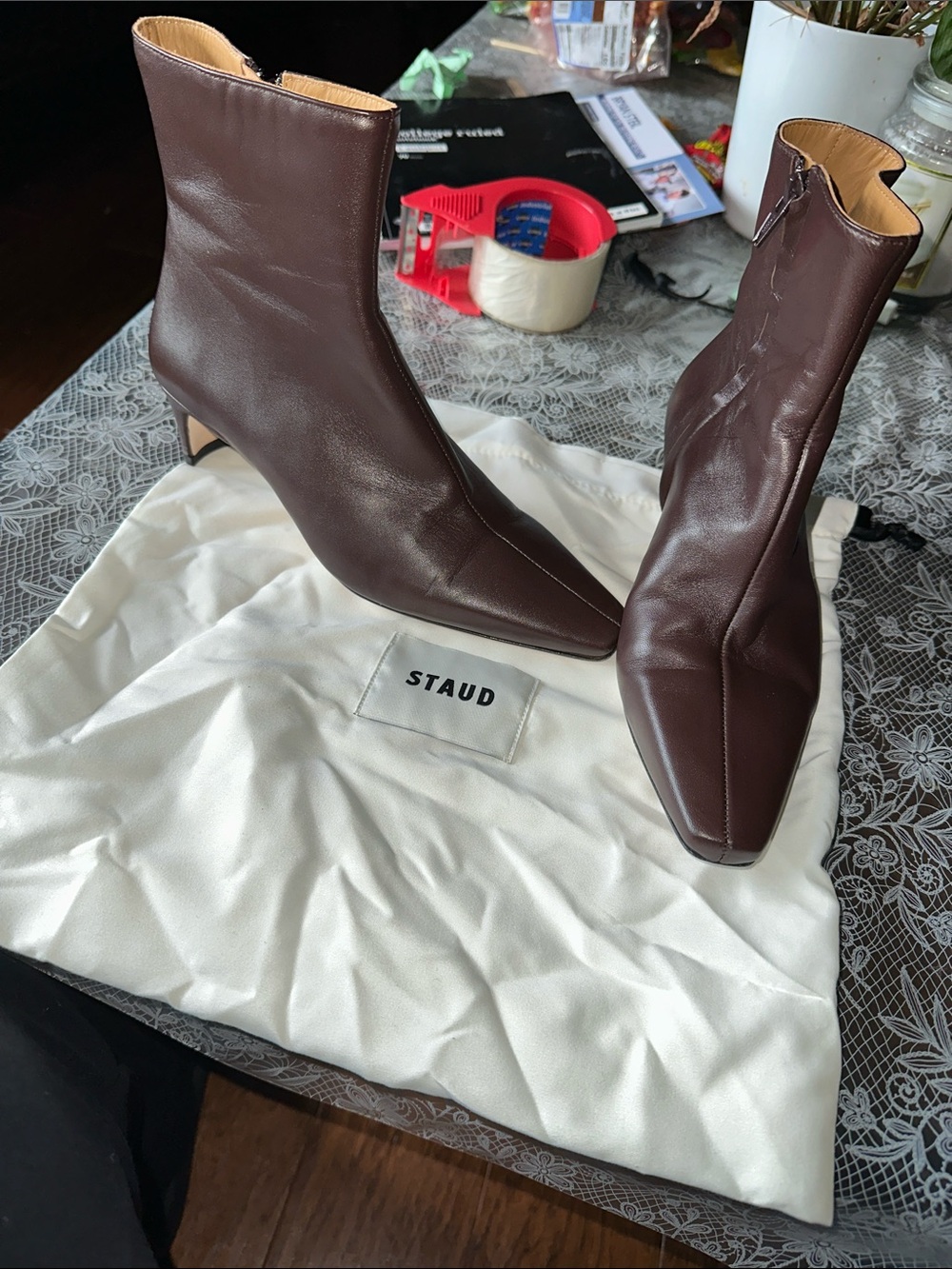 STAUD Dark Brown Pointed Toe Leather Ankle Booties